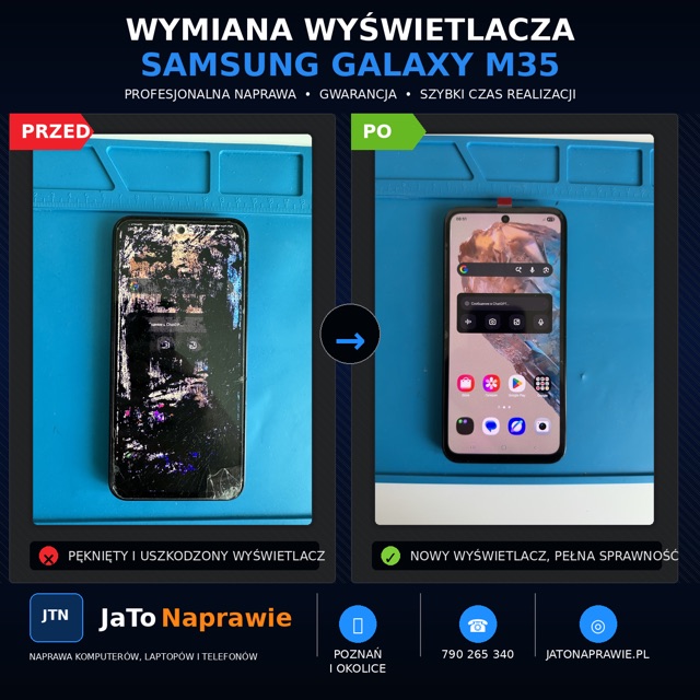 Samsung Galaxy M35 przed i po wymianie wyświetlacza